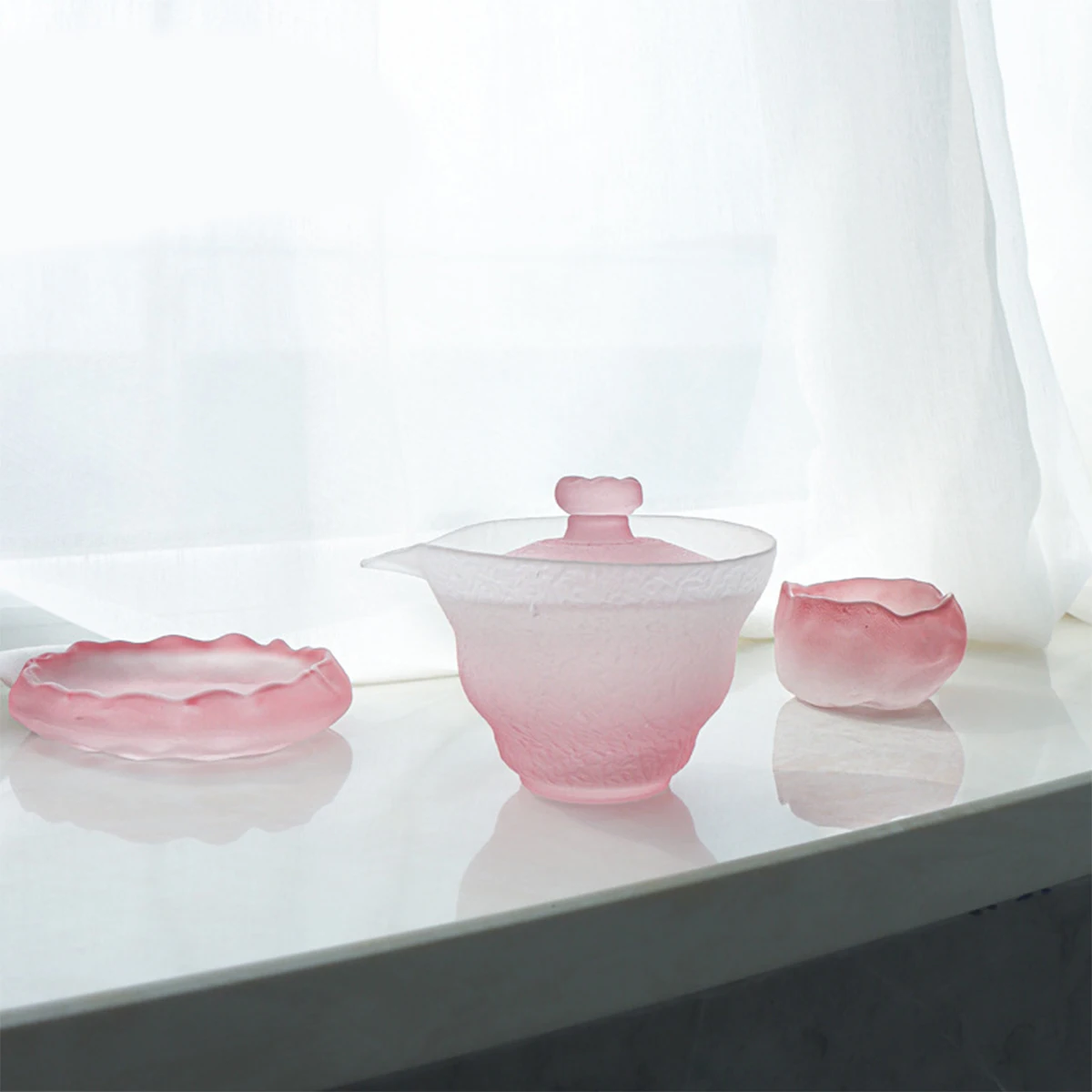 (Can Engrave ) Pink Frosted Glass Tea Set, Japanese Covered Bowl Fair Cup, Thickened Heat-resistant Tea Glass