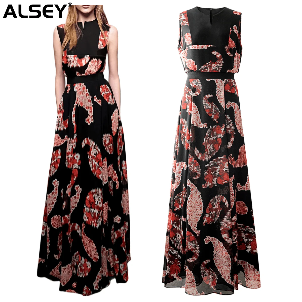 

ALSEY Hepburn Style Women Dress Vintage Elegant Black Bottom Printed Long Dress High Fashion Temperament Party Dress Sleeveless