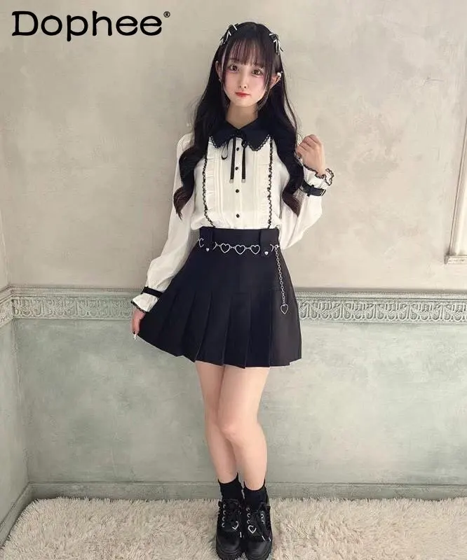

Japanese Style Lolita Shirts Women Colorblock Pleated Ruffles Lace Up Bow Heart Button Shirt Spring New Long Sleeve Blusas Top