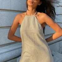Robe de plage dos nu en coton et lin pour femmes, tenue décontractée, simple, sexy, en fibre, pour l'été 2