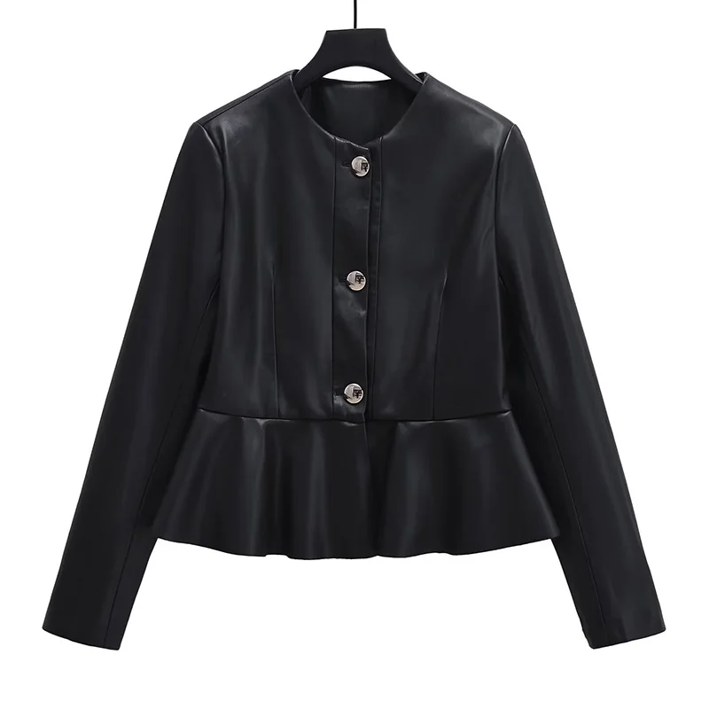 

Women's Antumn Jacket Women Vintage Faux Leather Coat Fashion Black O Neck Long Sleeve Pu Overcoat Female Casual Tops Clothing