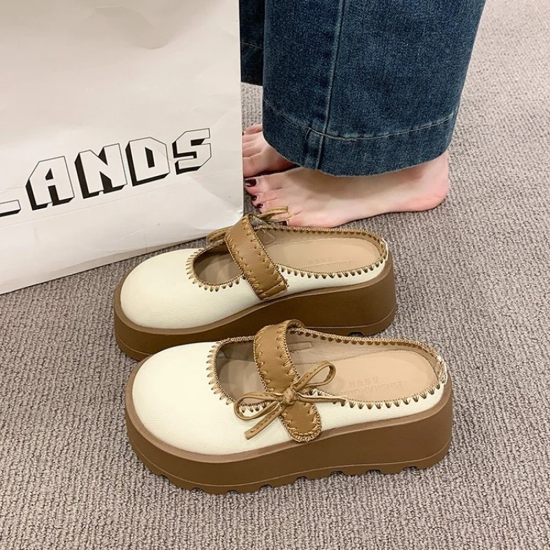 Women Casual Mule Sandals Cute Bow Decor Mary Jane Backless Slides Thick Platform Non Slip Daily Wear Flat Mules Shoes 1