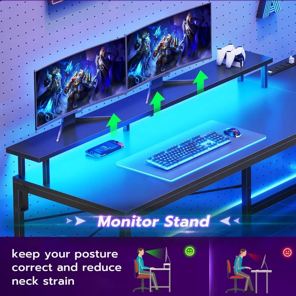 L Shaped Gaming Desk, 51" Computer Desk with Storage Shelves, Gamer Desk with Power Outlets & LED Lights,Black 4