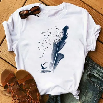 Women's Simple T-shirt Half Sleeve Colorful Flower Butterfly Art Feather Print Short Sleeve T-shirt Tops  Oversized T Shirt 1