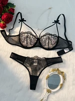 Ensemble de lingerie semi-transparente à nœud léger et confortable pour femmes, 2 pièces, noir, ZA824057 2