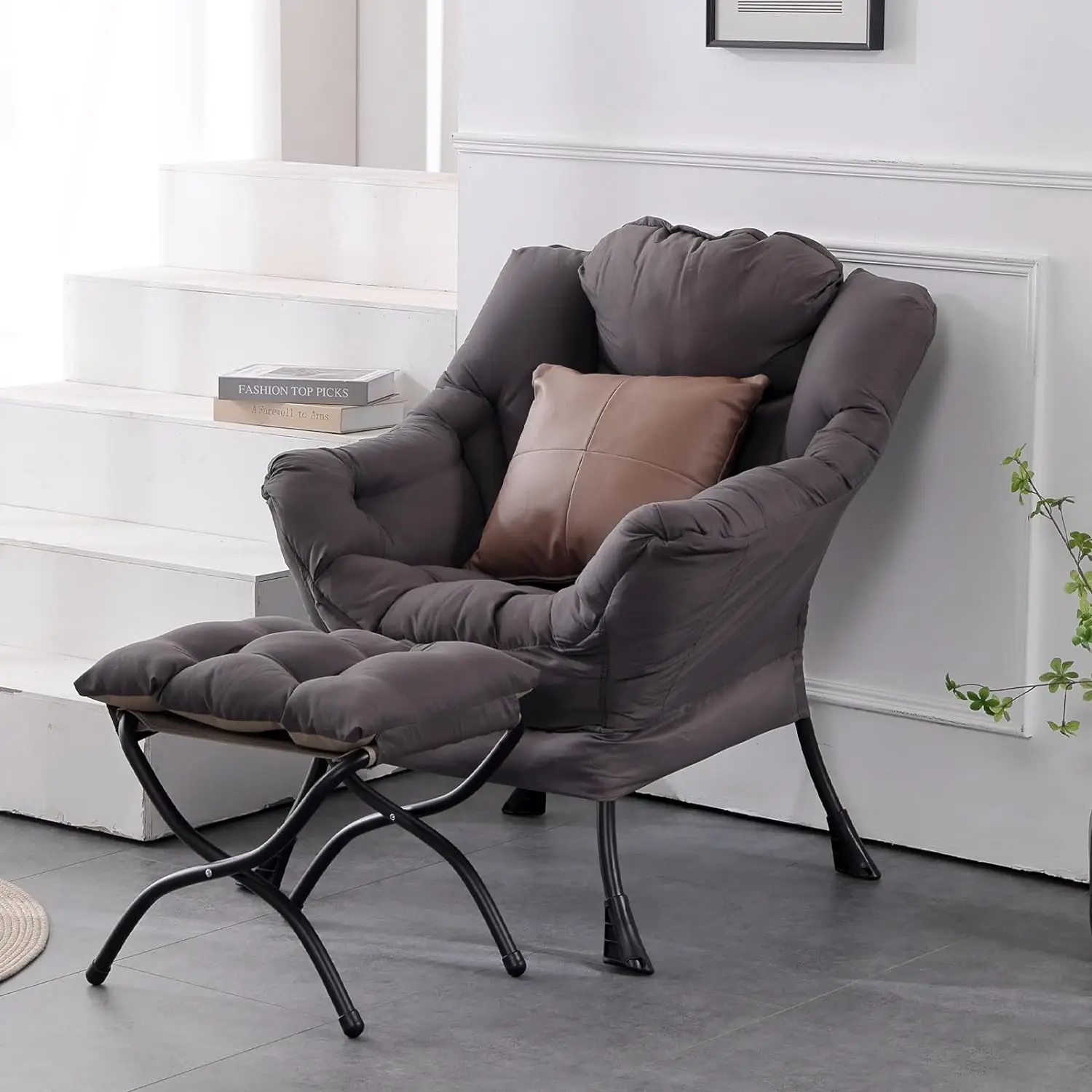 Lazy Chair with Ottoman, Modern Accent Chair Contemporary Lounge Leisure Sofa  with Armrests, Reading Chair and Folding