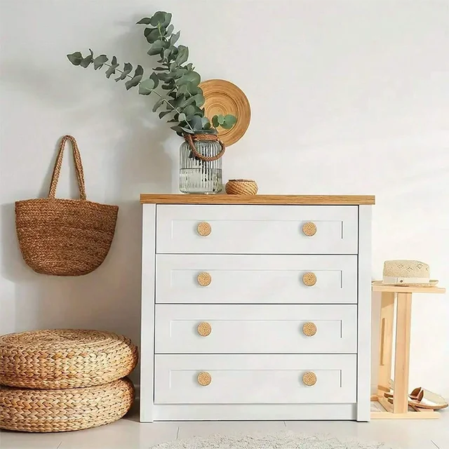 12 Uds. Perillas de tocador de ratán bohemio, perillas redondas de madera para cajones con tejido de mimbre hecho a mano y tornillos para muebles, gabinetes, Dr 4
