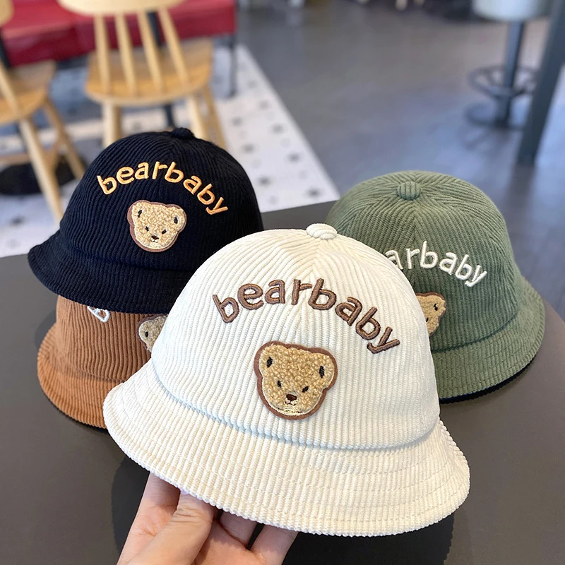 Autumn Corduroy Baby Fisherman Cap Cute Cartoon Bear Kids Basin Caps 6-24M Boys Girls Outdoor Sunshade Visors Toddler Bucket Hat 2