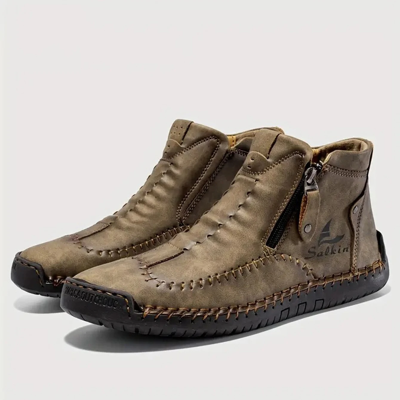 Handgenähte High-Top-Stiefel für Herren, modische Freizeitschuhe mit seitlichem Reißverschluss, Ganzjahres-Outdoor-Stiefel, große Herrenschuhe, bequeme nackte Stiefel – Detail 13
