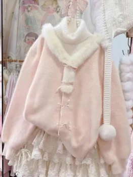 Autumn Winter Sweet Kawaii Peter Pan Collar Patchwork Sweater Women Japanese Fashion Vintage Knit Tops Y2k Cute Bow Pullover 1