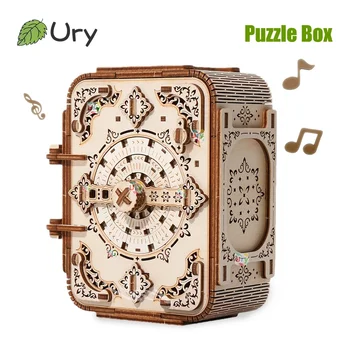 URY 3D Wooden Puzzle Music Antique Password Treasure Box Lockbox DIY Advanced Assembly Model Toys Creative Gift for Lady Girls 1