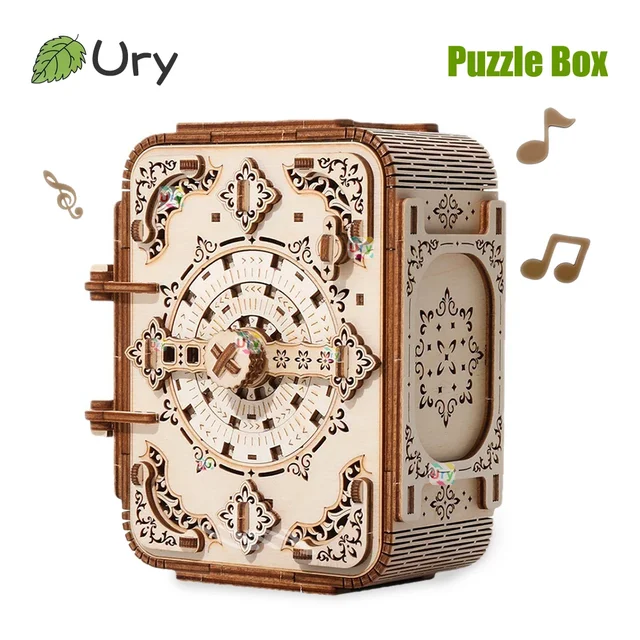 URY 3D Wooden Puzzle Music Antique Password Treasure Box Lockbox DIY Advanced Assembly Model Toys Creative Gift for Lady Girls 1