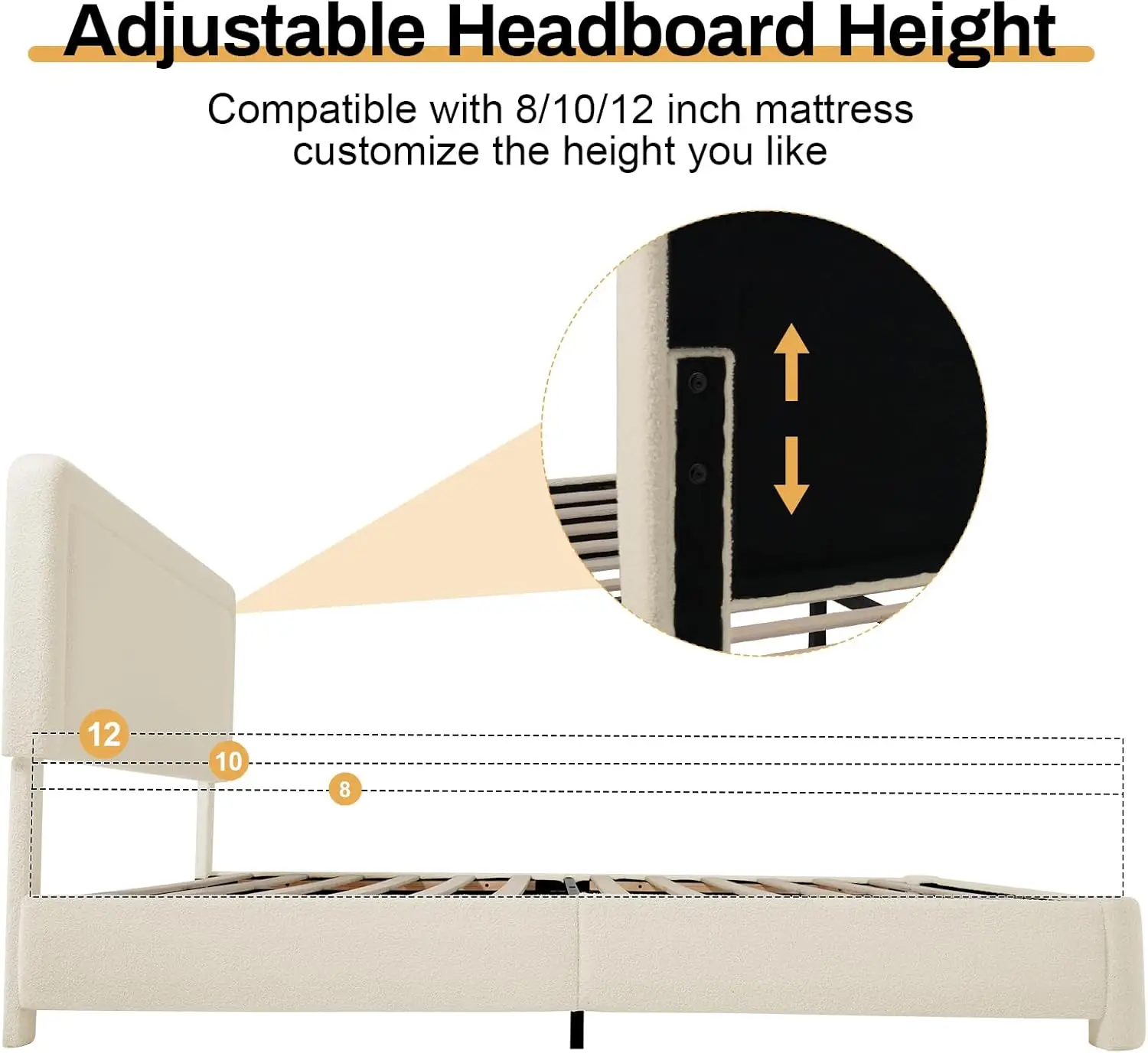 Queen Size Boucle Bed Frame, Modern Cream Bed Frame with Headboard, Soft Rounded Corners, No Box Spring Required