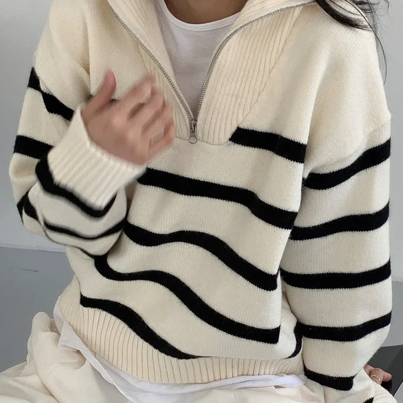 

Korean chic autumn winter casual lazy wind Lapel zipper stripe design loose long sleeve Pullover knitted sweater women