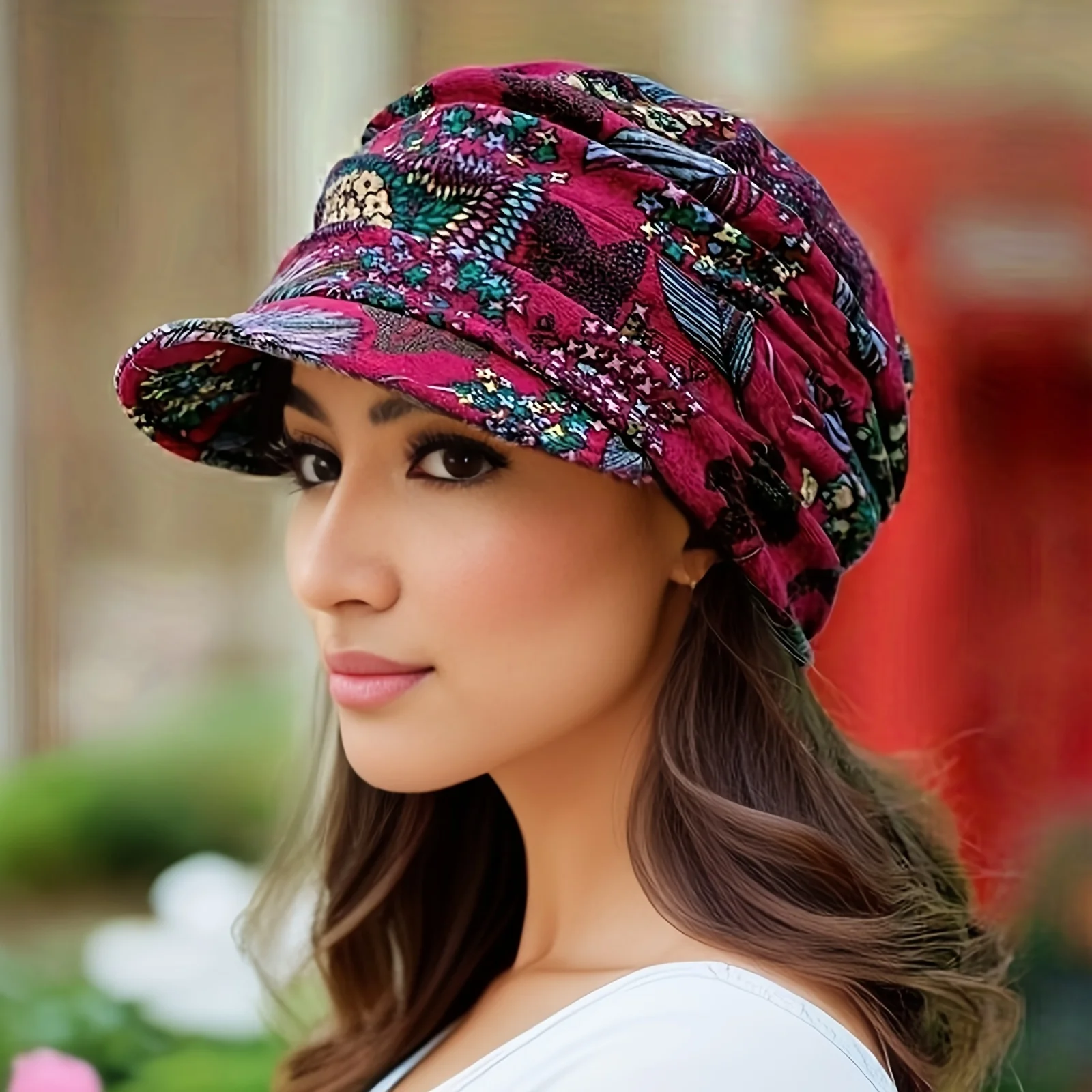 Floral Print Peaked Cap Woman Comfortable and Soft Ear Protection  Winter Hat Warm and Foldable Ethnic Style Short Brimmed Hat 4
