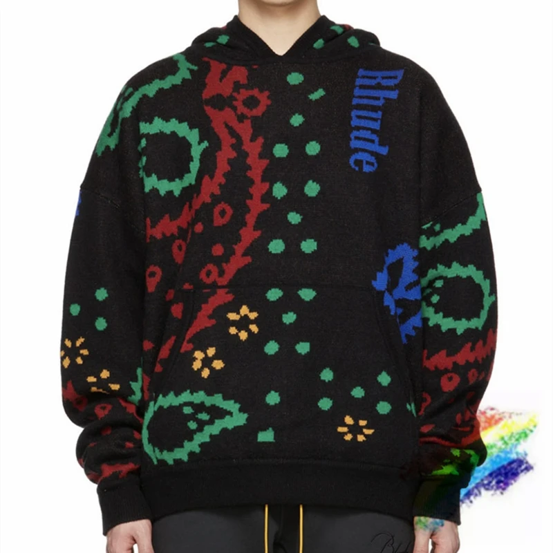 

Rhude Cashew Jacquard Sweater Pullover Men Women Vintage Knitted Hoodie Hooded