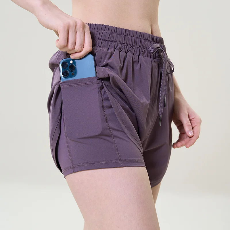 

Summer Yoga Sport Shorts Women Double-Layer Divided Quick-Dry Spring Running Fake Two Pieces Shorts Female Training Fitness Wear