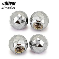 Diamond Ball Tire Valve Caps - Set of 4, Premium Black Dust Covers (Silver)