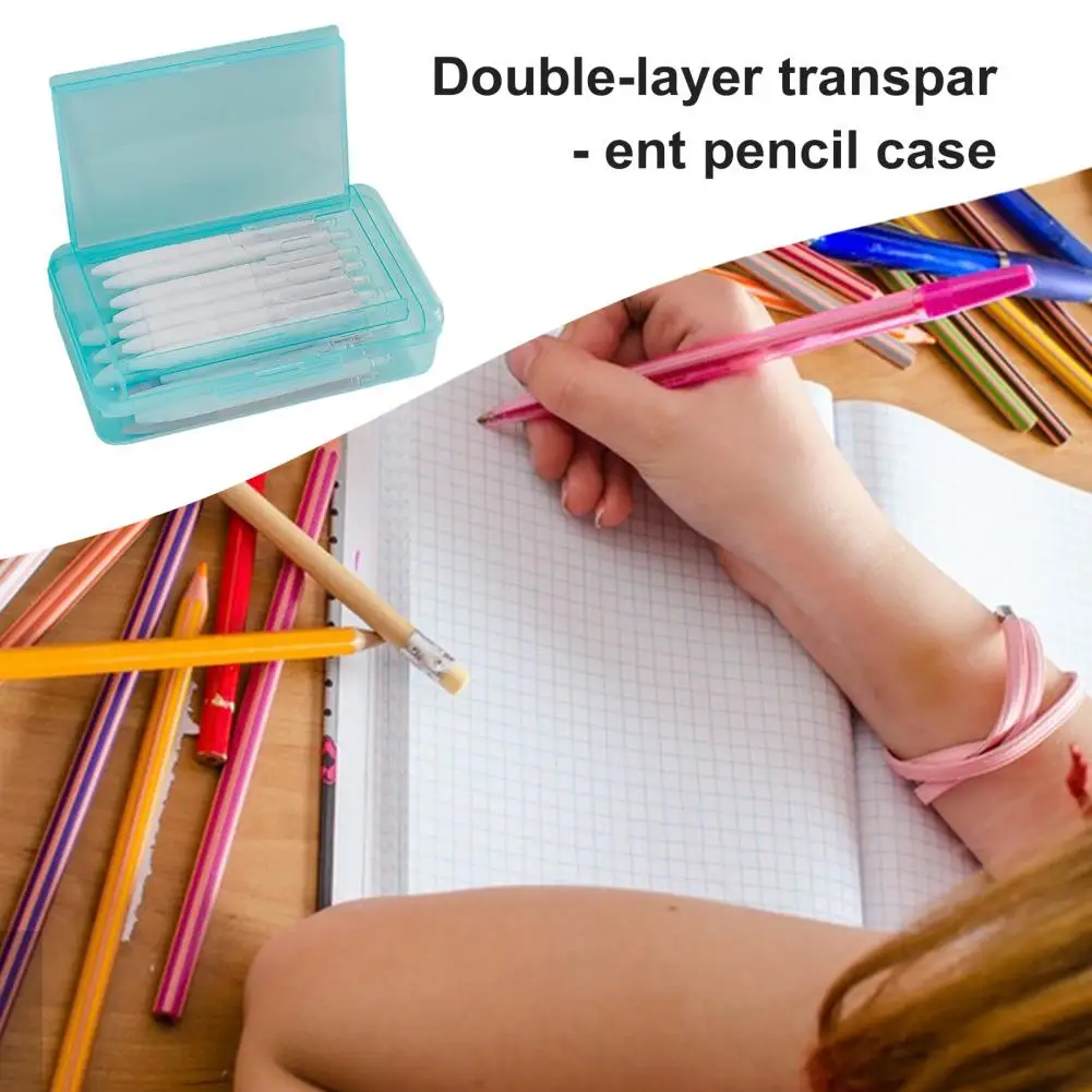Stackable Pencil Box Pencil Storage Box Stackable Double Layer Transparent Plastic Case Capacity Stationery for Students