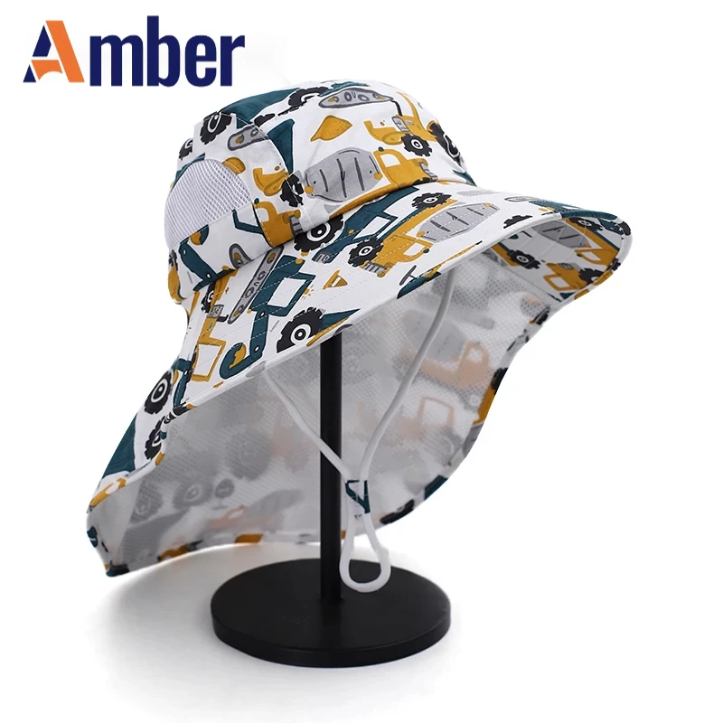 

Amber children wide brim bucket hat Boys Girls kids fisherman hats mesh breathable Panama cap anti-UV neck cover cartoon summer