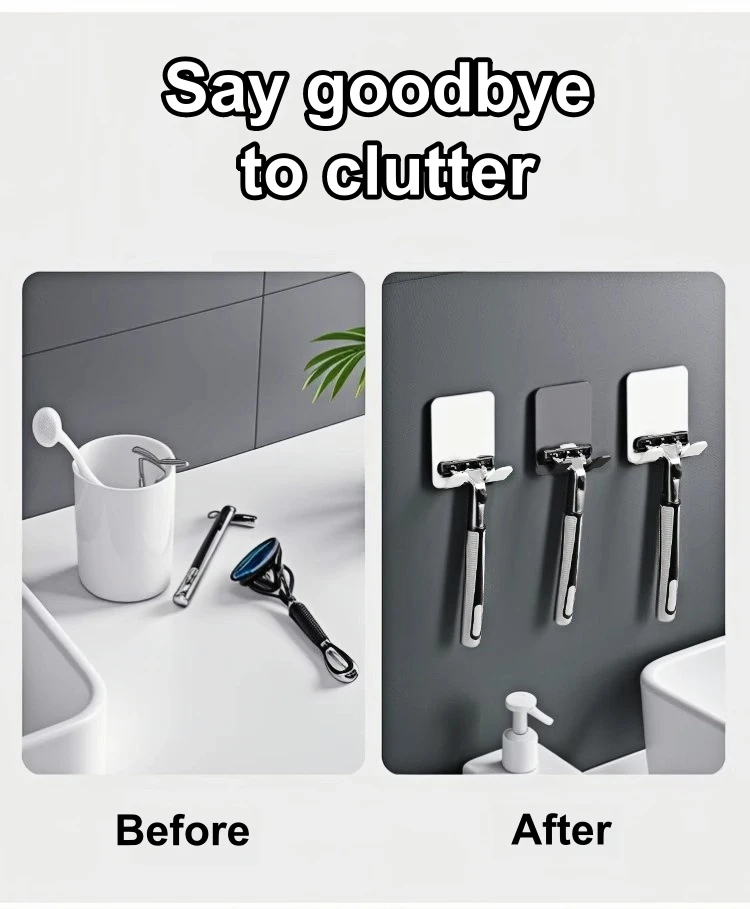 Punch-free Adhesive Razor Holder Wall Mounted Bathroom For Shower Hook Rack Gillette Shaver Shaving Holder Black Plastic Hook