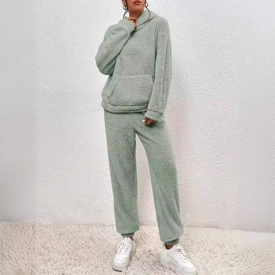 Women Fleece Sweatshirt Sets Hoody Pullover Coats Wide Leg Pants