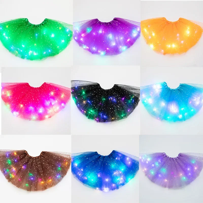 LED Glowing Girls Tulle Star Short Tutu Skirt Children Fancy Ballet Dancewear Party Costume Ball Gown Mini Skirt