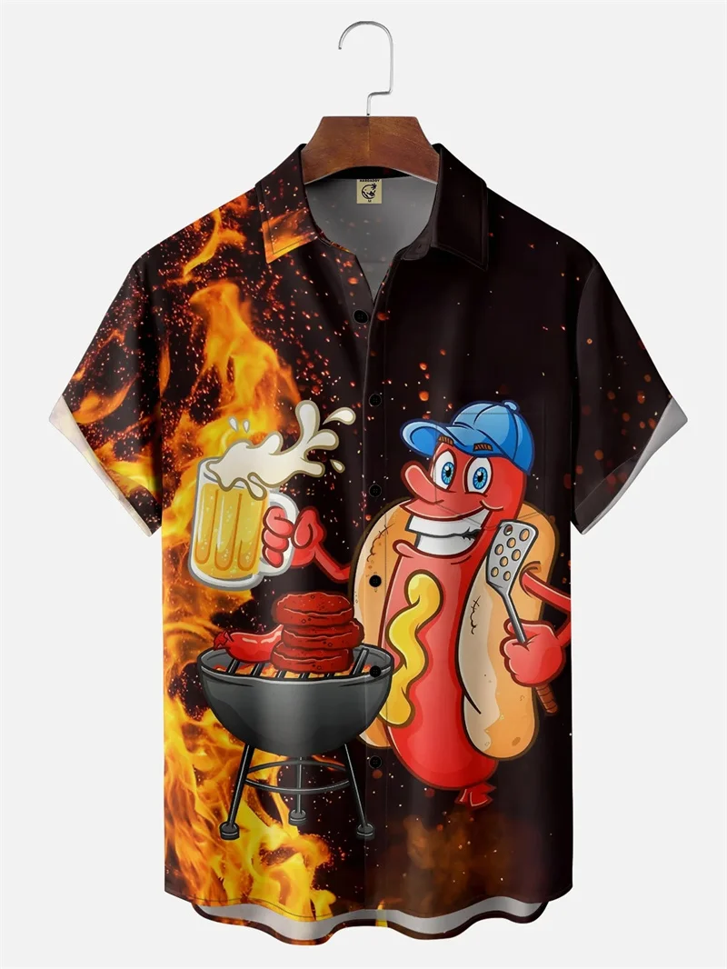 Funny Hot Dog 3d Printed Men Shirts Summer Loose Lapel Short Sleeve Street Tops Women Kid Cartoon Hamburger Hawaiian Shirts
