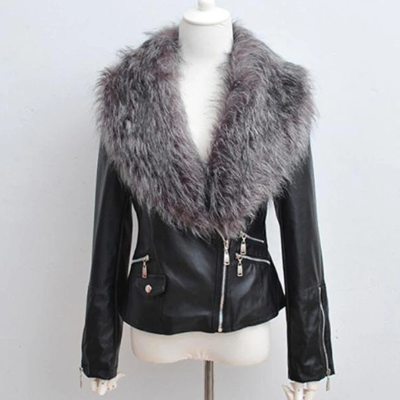 Women Imitation Fur Collar Stitching Fashion Personality Outwear Europe United States Zipper Locomotive Pu Leather Jacket Coat