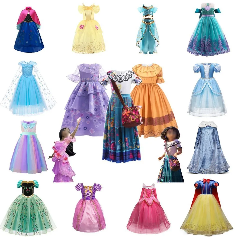 

Princess Dress For Girl Elsa Frozen Vestidos Anna Mermaid Jasmine Belle Halloween Party Gown Encanto Isabela Mirabel Costume