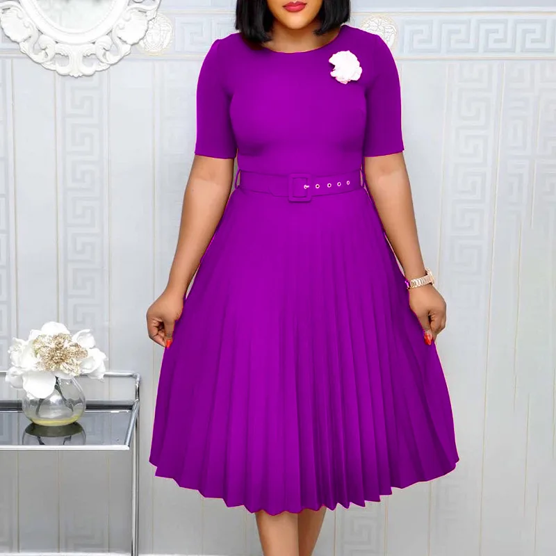 Summer Plus Size Pleated S-5xl Dress Ladies O-Neck Short Sleeve Solid with Belt Mid-Calf Office Lady