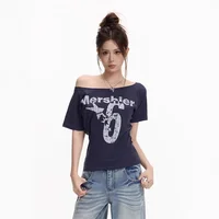 American Style Spicy Girl Shoulder Bared Summer Slim Fit Cotton Polyester Blend Short Sleeve Crew Neck T Shirt for Women