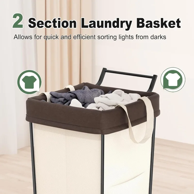 Laundry Basket with Wheels and Handle, 160L Large Rolling Laundry Basket 2 Section Hamper with Wheels