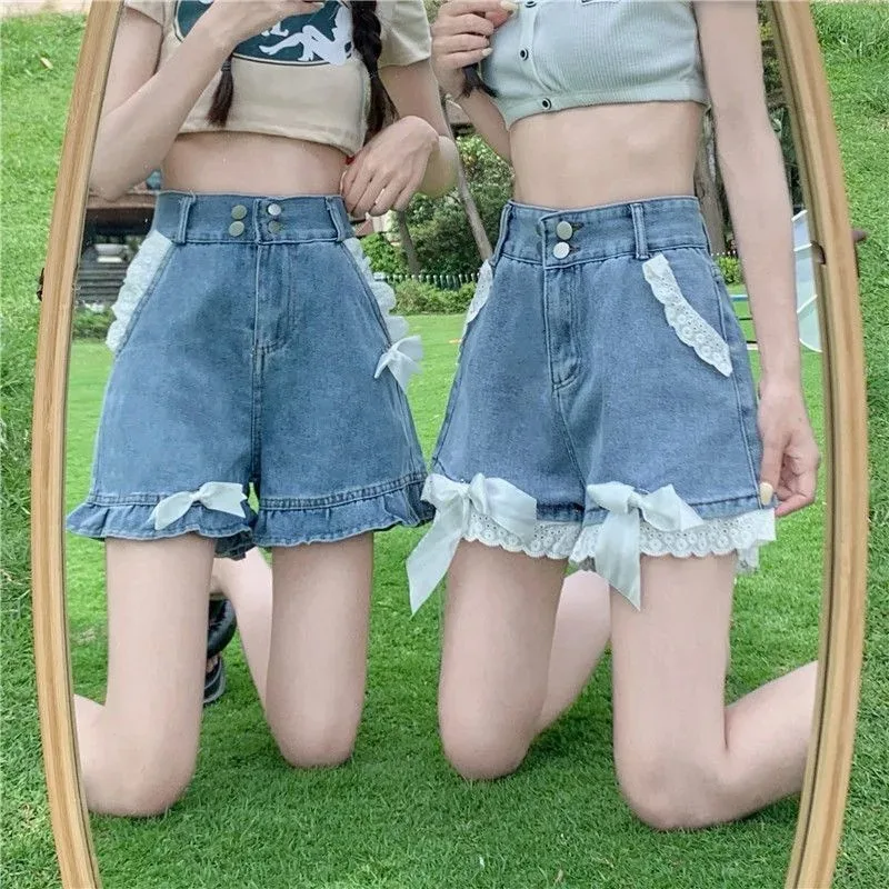 Women Summer Kawaii Sexy Blue Shorts 2023 Cute Lolita Girls Denim Shorts Japanese Sweet High Waist Lace Irregular Bottoms