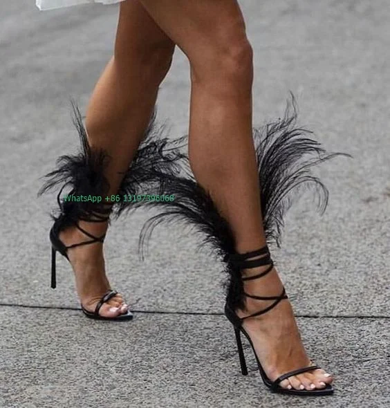Lady fur sexy black feather design lace up high heels open toe T