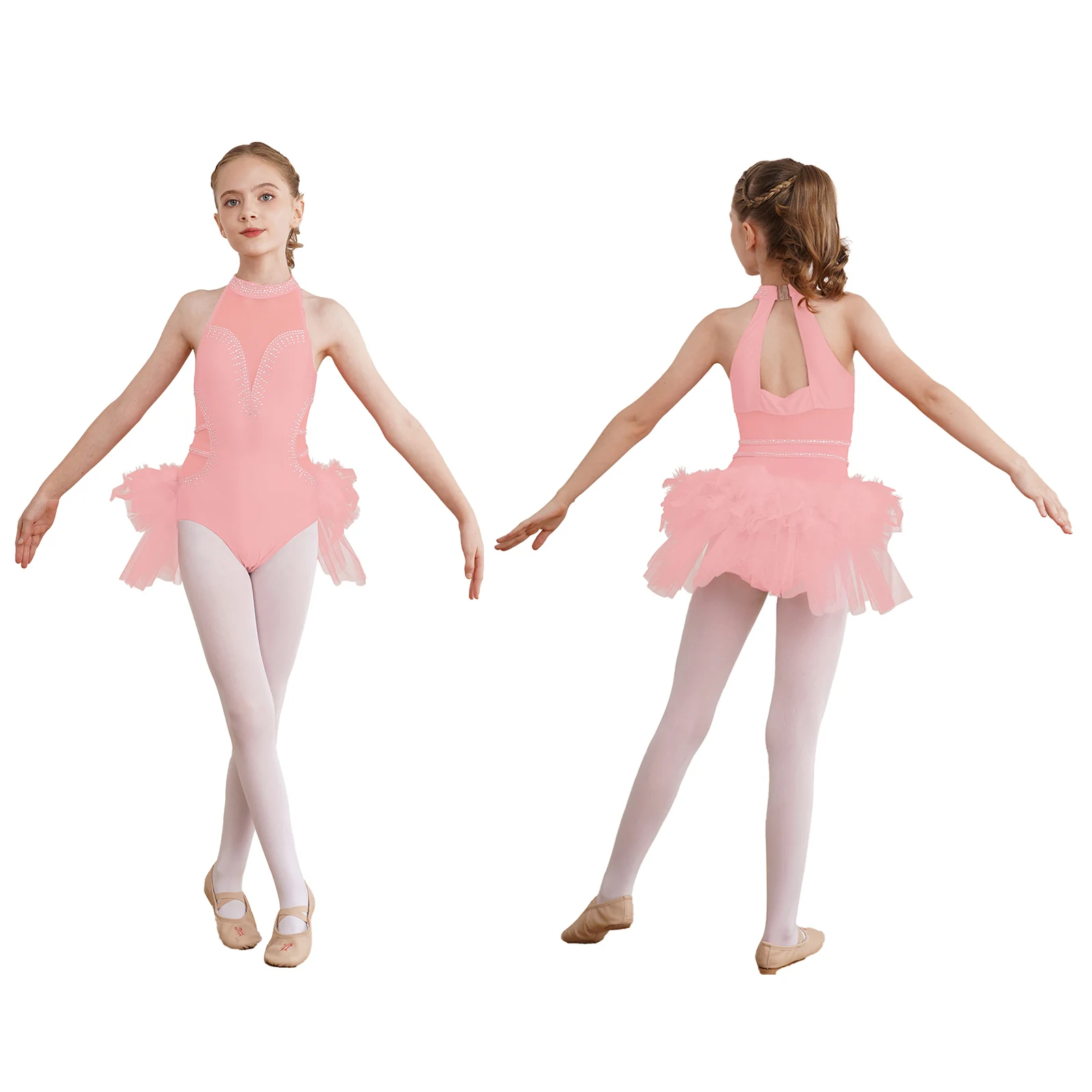 thumbnail image 1 of Traje de actuación de baile latino de Ballet para niñas, leotardo de malla transparente con diamantes de imitación, mono con falda de tul para patinaje artístico con plumas, 1 of 5