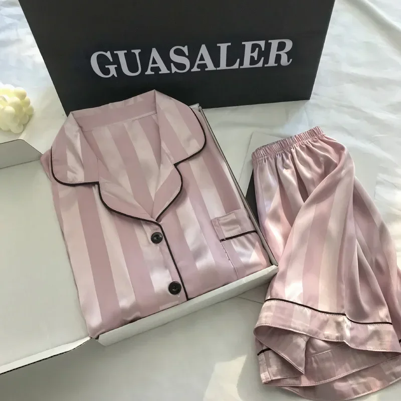 2Pcs Women Sleep Lounge Set Plus Size Seamless Satin Pajama Top & Short Set Striped Button Up Short Sleeve Shirt & Pants Pajamas women pajamas set,women pajama suit