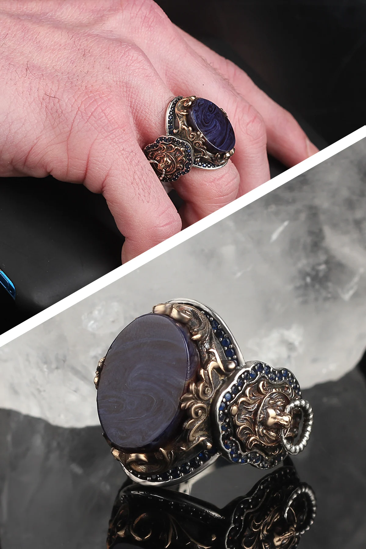 

Мужское серебряное кольцо с львом и иконой янтарным камнем