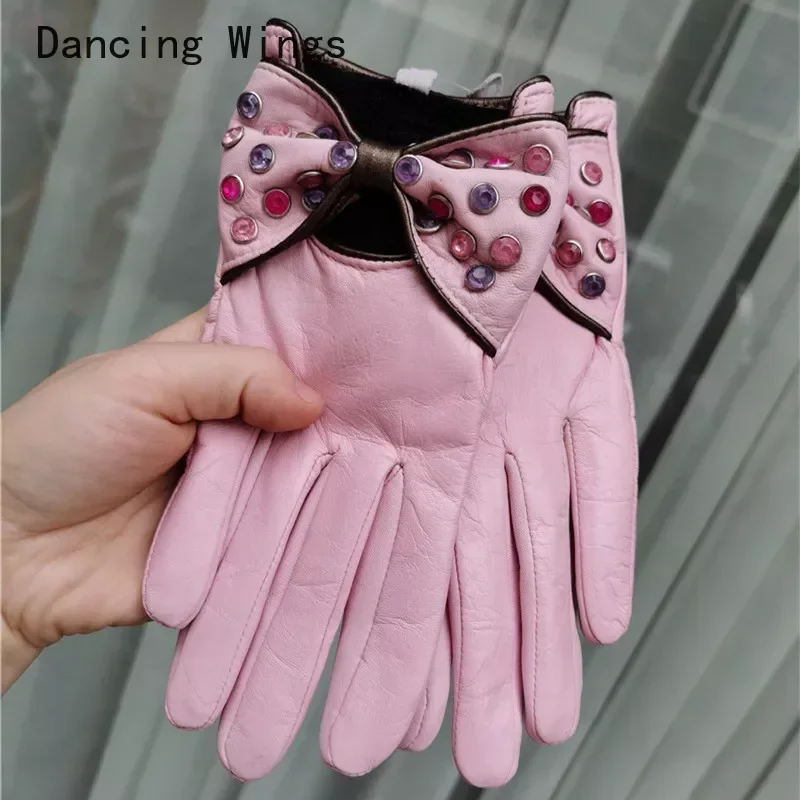 

High Quality Colorful Diamond Women's Really Leather Gloves Short Gloves Fashion Warm Import Sheepskin Gloves Guantes Mujer