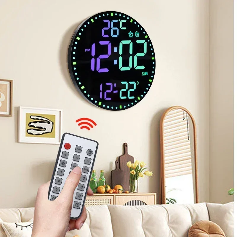 Living Room Creative Colorful Wall Clock RGB Perpetual Calendar Digital Clock Temperature Date Time Week Display LED