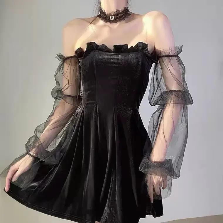 Ms Gothic|Embrace the dark side with this Gothic Sexy Dress, featuring a  slash neck, lantern sleeves, and a mini silhouette crafted from a blend of  polyester, cotton, and spandex for a slight stretch.