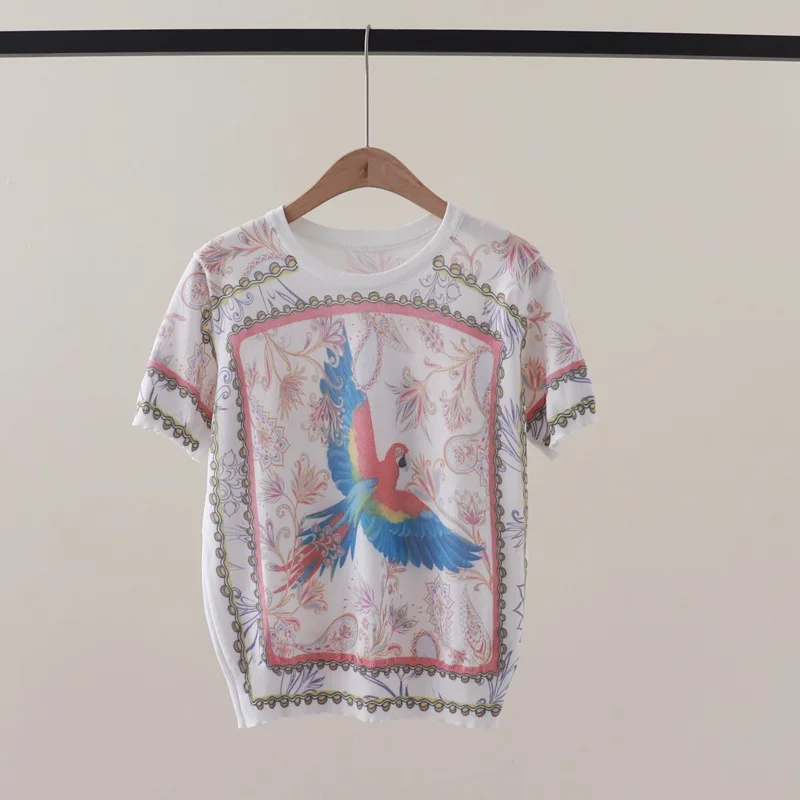 

Kawaii Милая футболка с цветочным принтом Женская Роскошная брендовая графическая Футболка Красочные футболки с попугаями с коротким рукавом Y2k Топ Футболки с животными