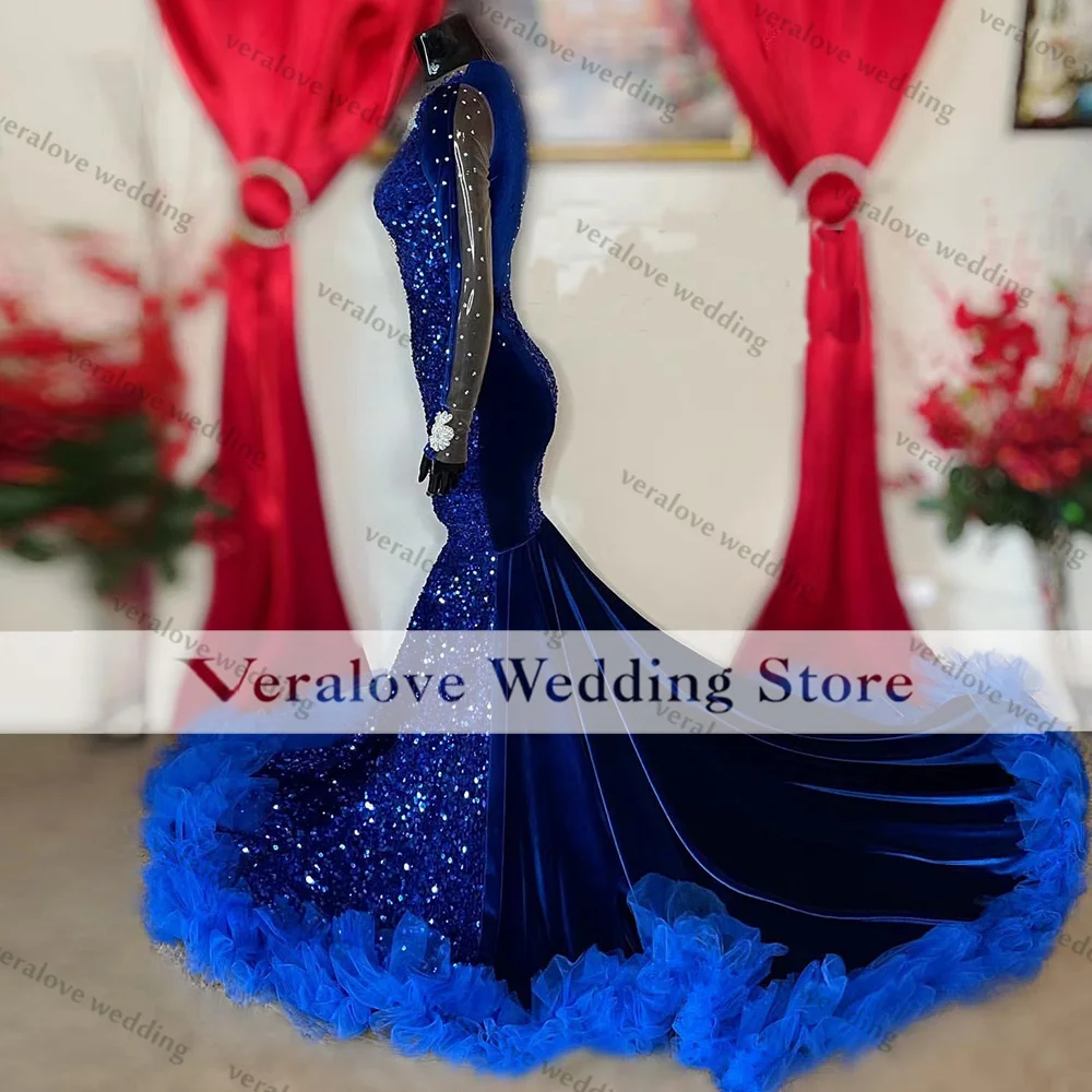 Sequins Sparkly Prom Dress With Ruffles 2k22 Long Sleeves Royal Blue Evening Gowns Black Girls Graduation Party Dress