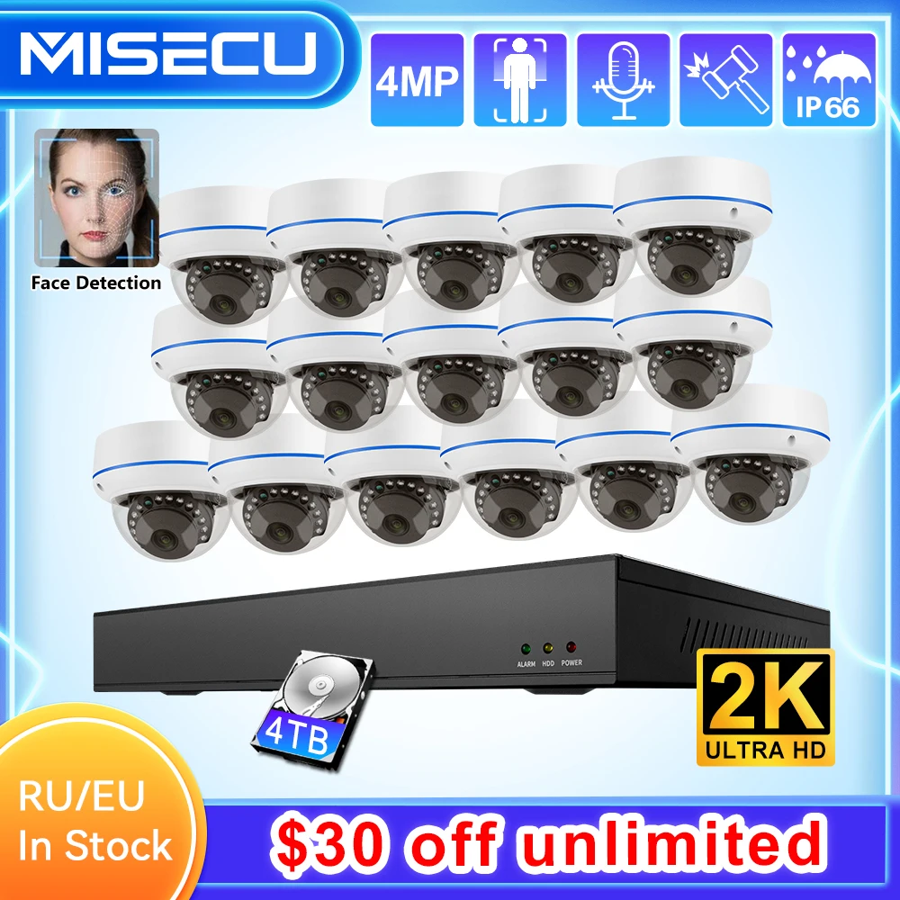 MISECU H.265 16CH 4MP POE NVR Kit AI Camera Face Detect Dome Indoor Waterproof Security IP Camera Video Surveillance Set