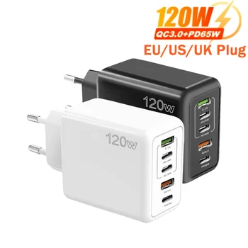 Caricatore USB totale 120W 5 porte Tipo C Adattatore da parete per telefono cellulare a ricarica rapida Spina UE/USA/Regno Unito per iPhone Samsung Xiaomi Huawei