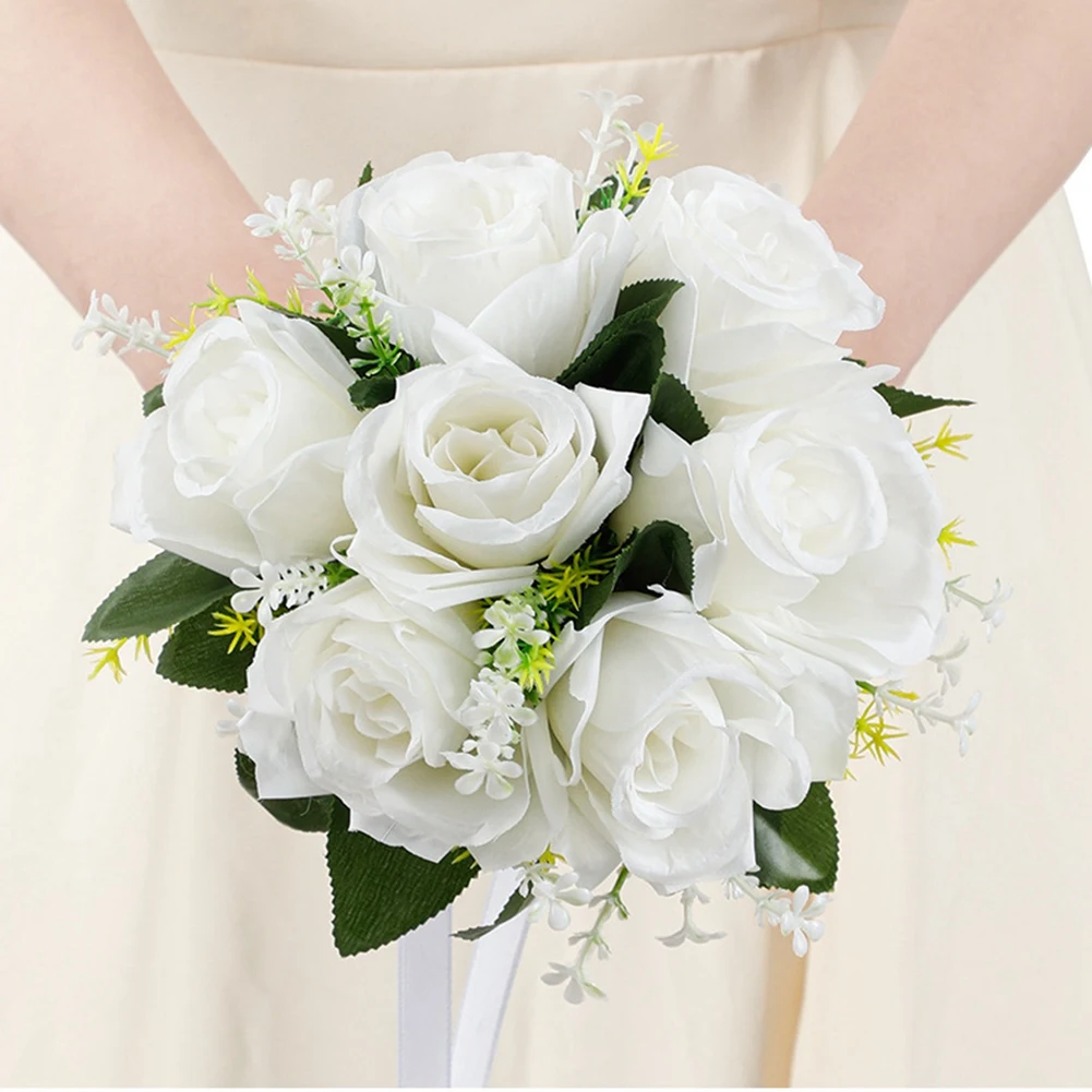 Wedding Bouquets for Bride Babysbreath Rose Bridesmaid Bouquets Silk Ribbon Valentine's Day Decoration Pearl Lace Mesh Ball Gift