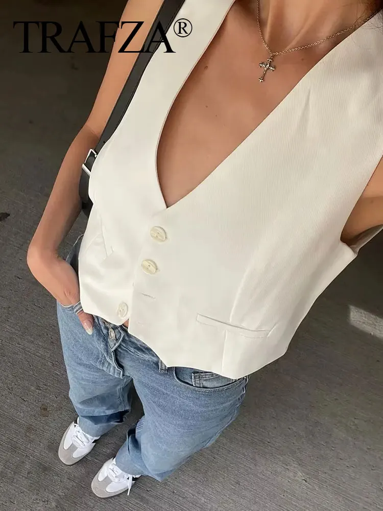 TRAFZA Fashion Women Vest Sleeveless Vests for Women Chic V-Neck Single-Breasted Ladies Elegant White Waistcoat Tops TRAF 5