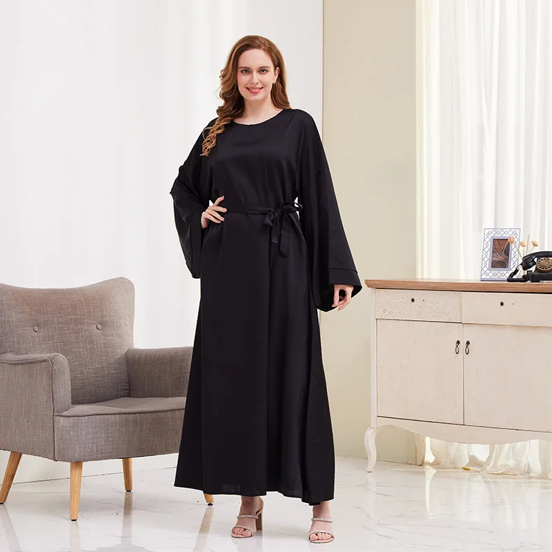 2023 Ramadan Muslim Abayat Dress Solid Traditional Prayer Dress Long Sleeve Women's Dress with Belt for Europe and America