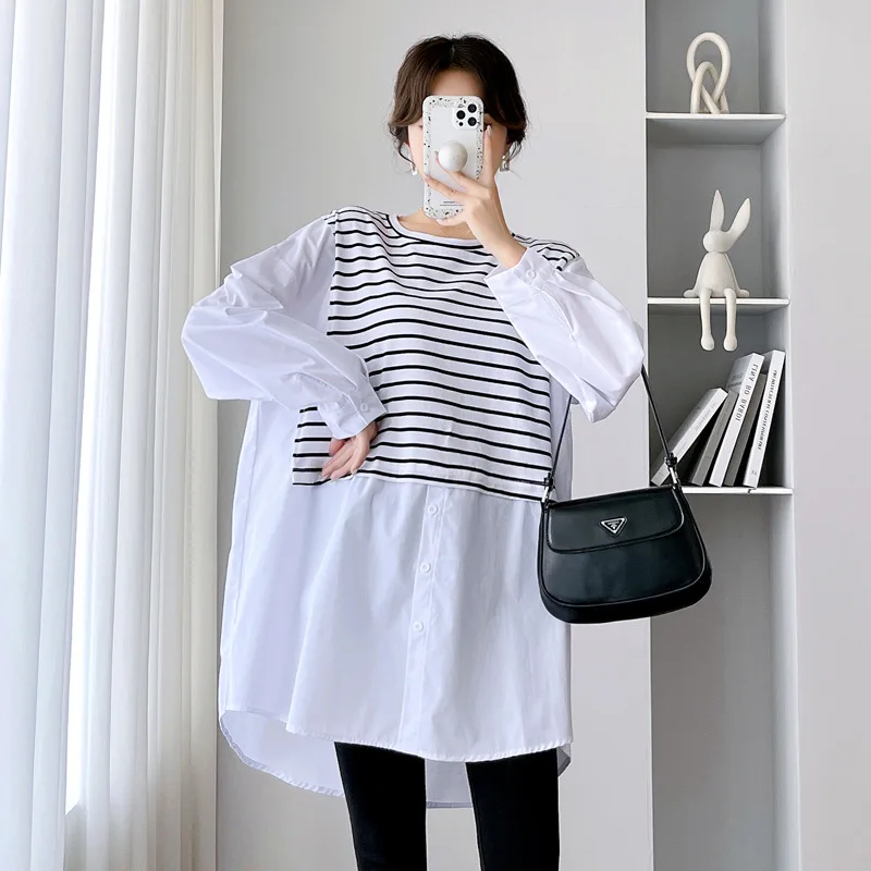 세련된 임산부 셔츠 캐주얼 패치워크 페이크 투피스 트렌디 맘 가을 신상품 중국풍 긴팔 라운드넥