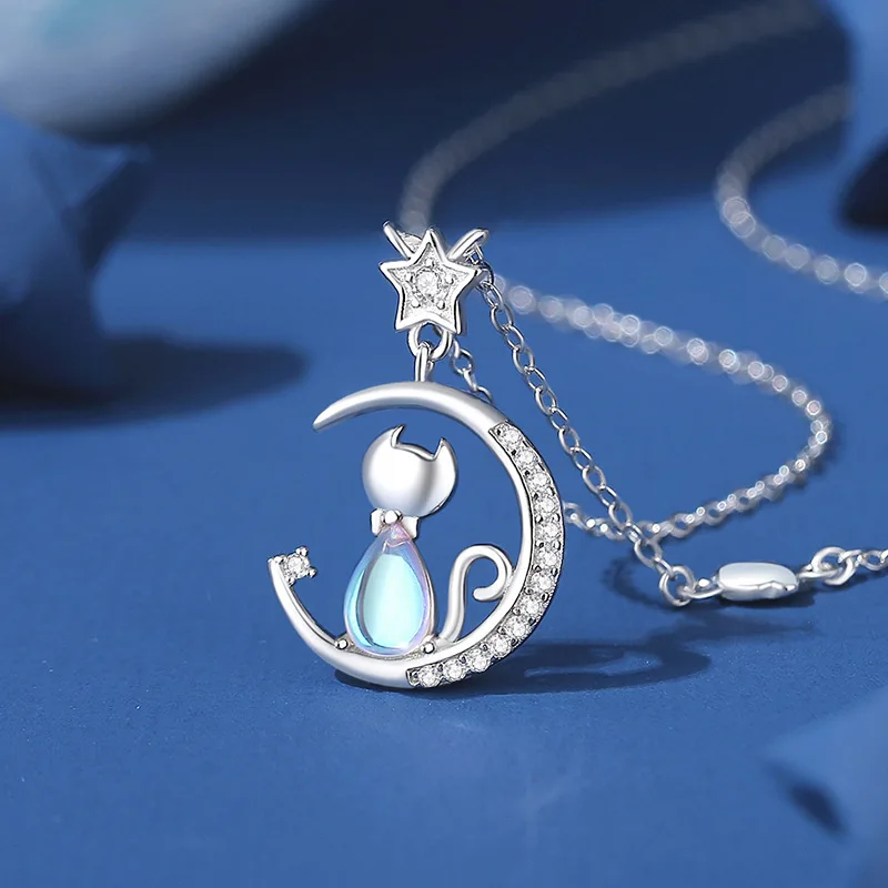 Women's European Sparkling S925 Sterling Silver Pave AAA CZ Cat Moon Jewelry Set - Necklace Earrings Bracelet for Birthday Gift 6